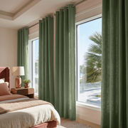 Asparagus Green Linen Grommet Bedroom Curtains in a Sunlit Bedroom with Warm Ivory Bedding and Dusty Rose Accents - Cotton Lining