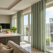 Asparagus Green Linen Grommet Curtains for Sliding Door in a Bright Living Room with Beige Walls, Soft Neutral Seating, and Indoor Greenery
@Heading: Grommets