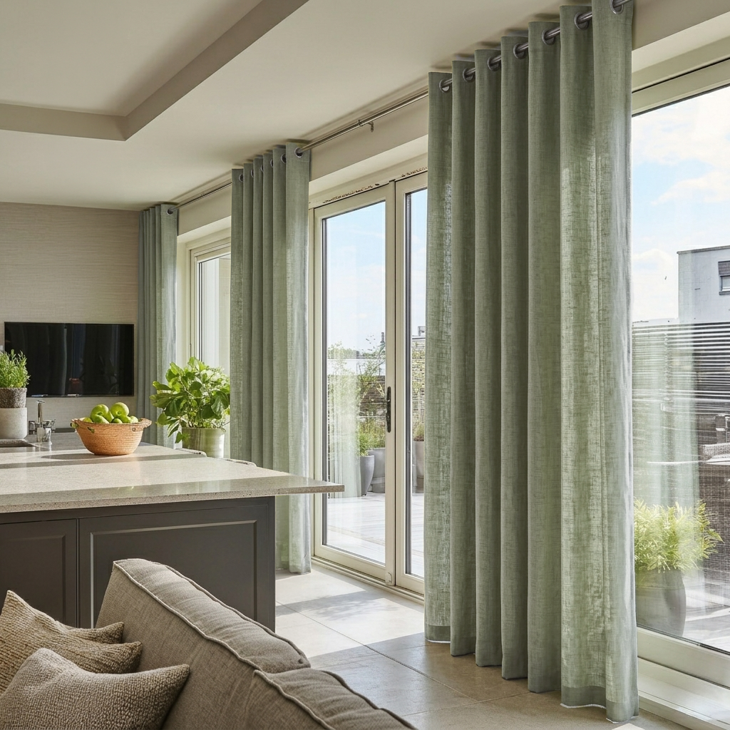 Asparagus Green Linen Grommet Curtains for Sliding Door in a Bright Living Room with Beige Walls, Soft Neutral Seating, and Indoor Greenery
@Heading: Grommets