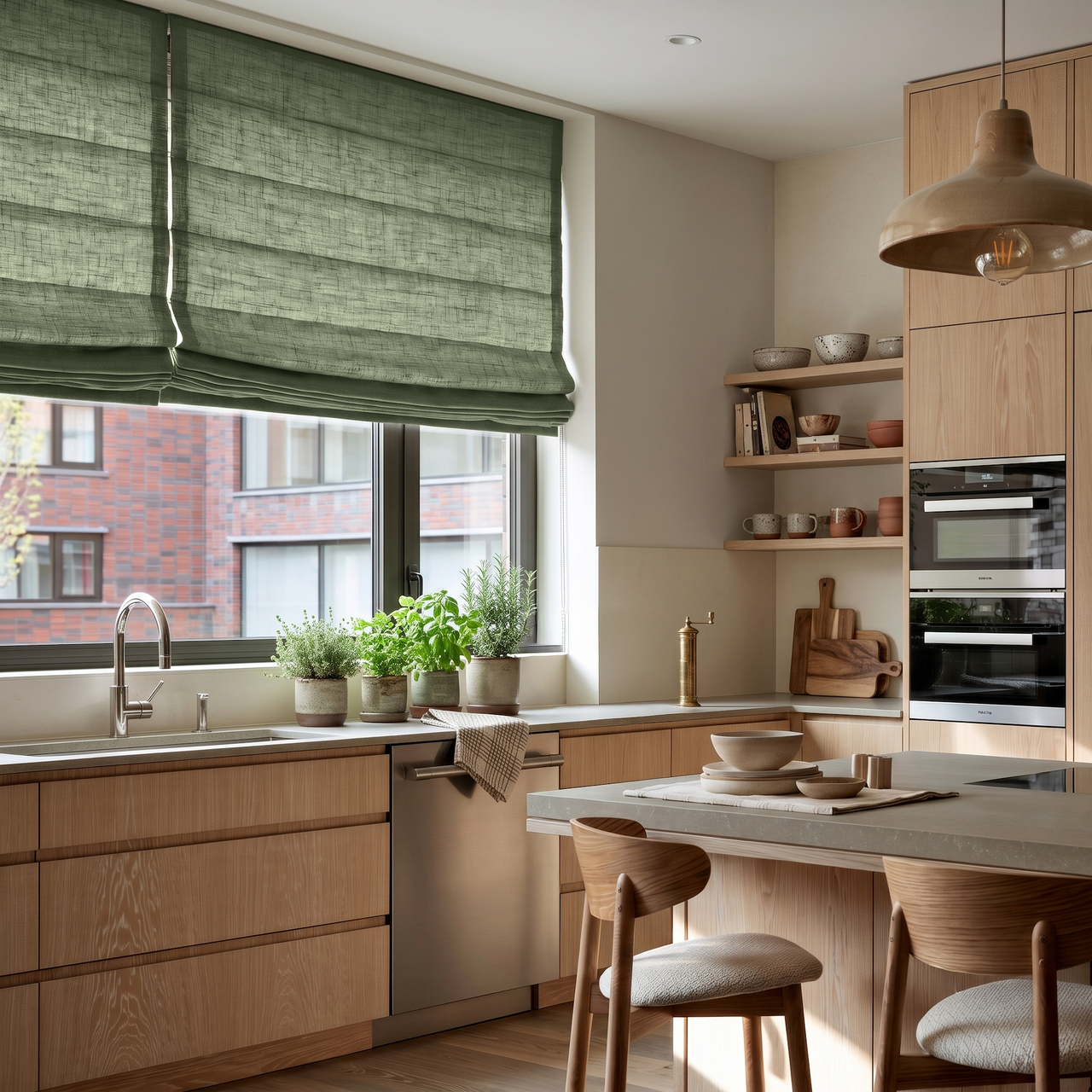 Asparagus Green Linen Roman Shades in a Modern Kitchen with Light Wood Cabinetry - Cotton Lining