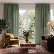 Asparagus Green Linen Pencil Pleat Extra Long Curtains in a Traditional Living Room with Vintage Furniture