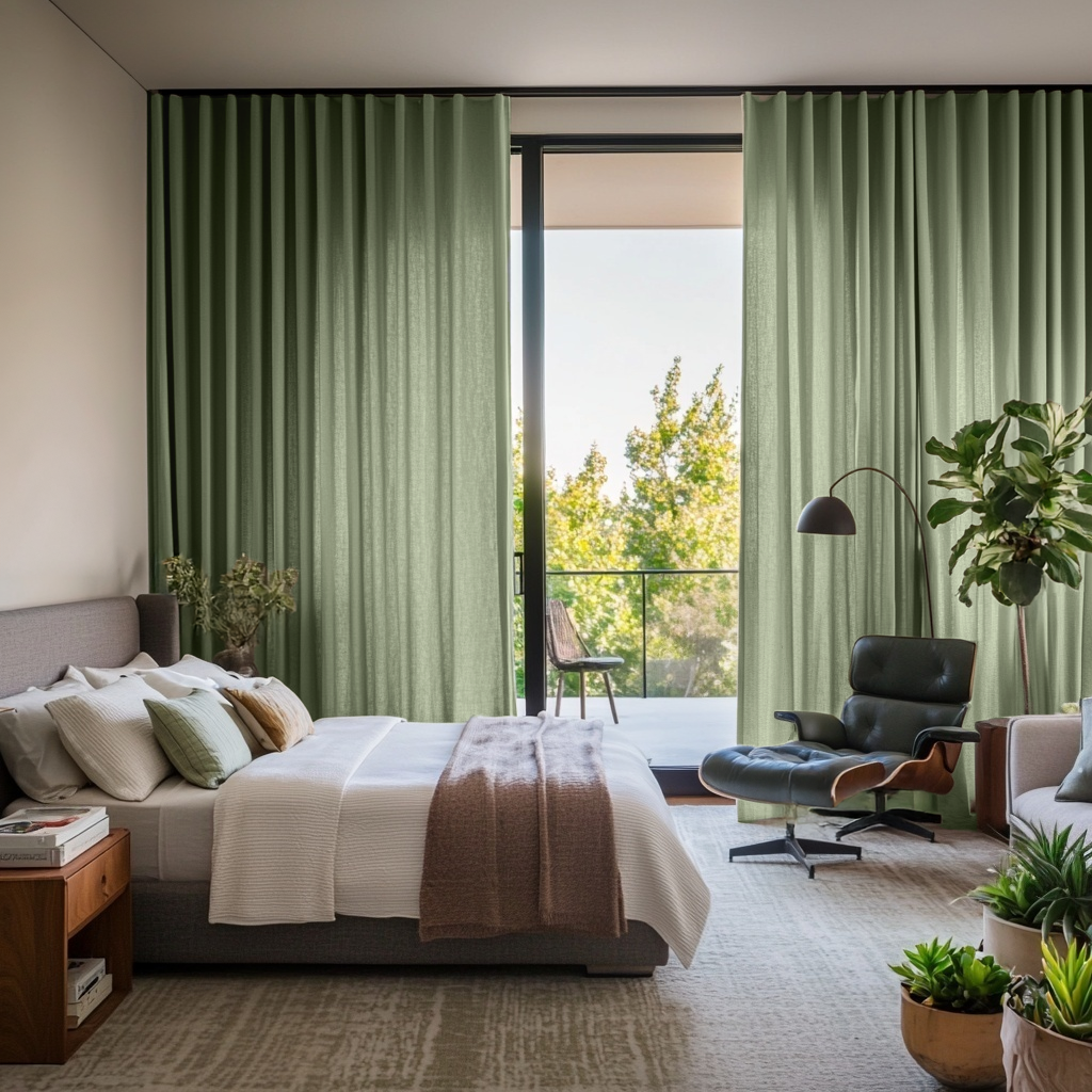 Asparagus Green Linen S-Fold Curtains for Sliding Door in a Contemporary Bedroom with Neutral Walls, Black Leather Chair, and Green Indoor Plants
@Heading: S-Fold