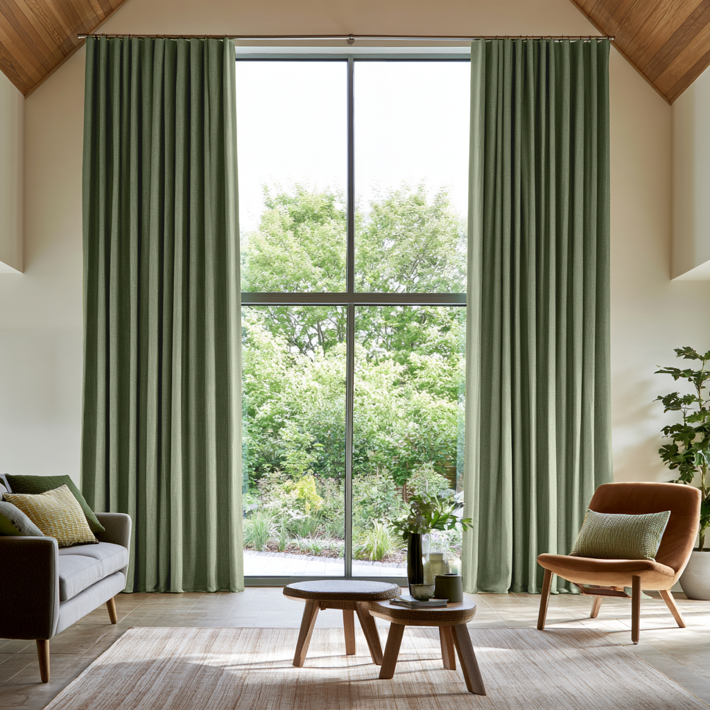 Asparagus Green Linen S-Fold Extra Long Curtains in a Contemporary Living Room with Vaulted Ceiling