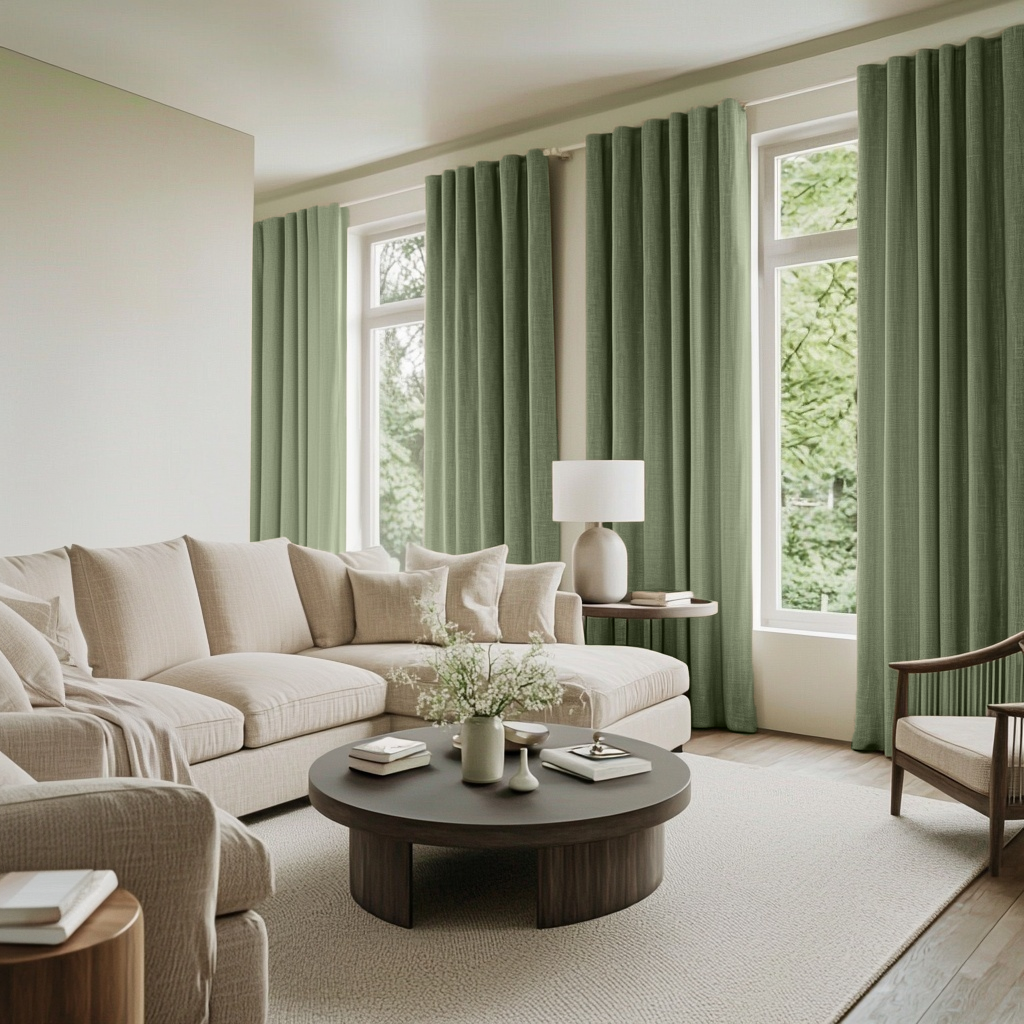 Asparagus Green Linen Thermal Curtains with Multitape