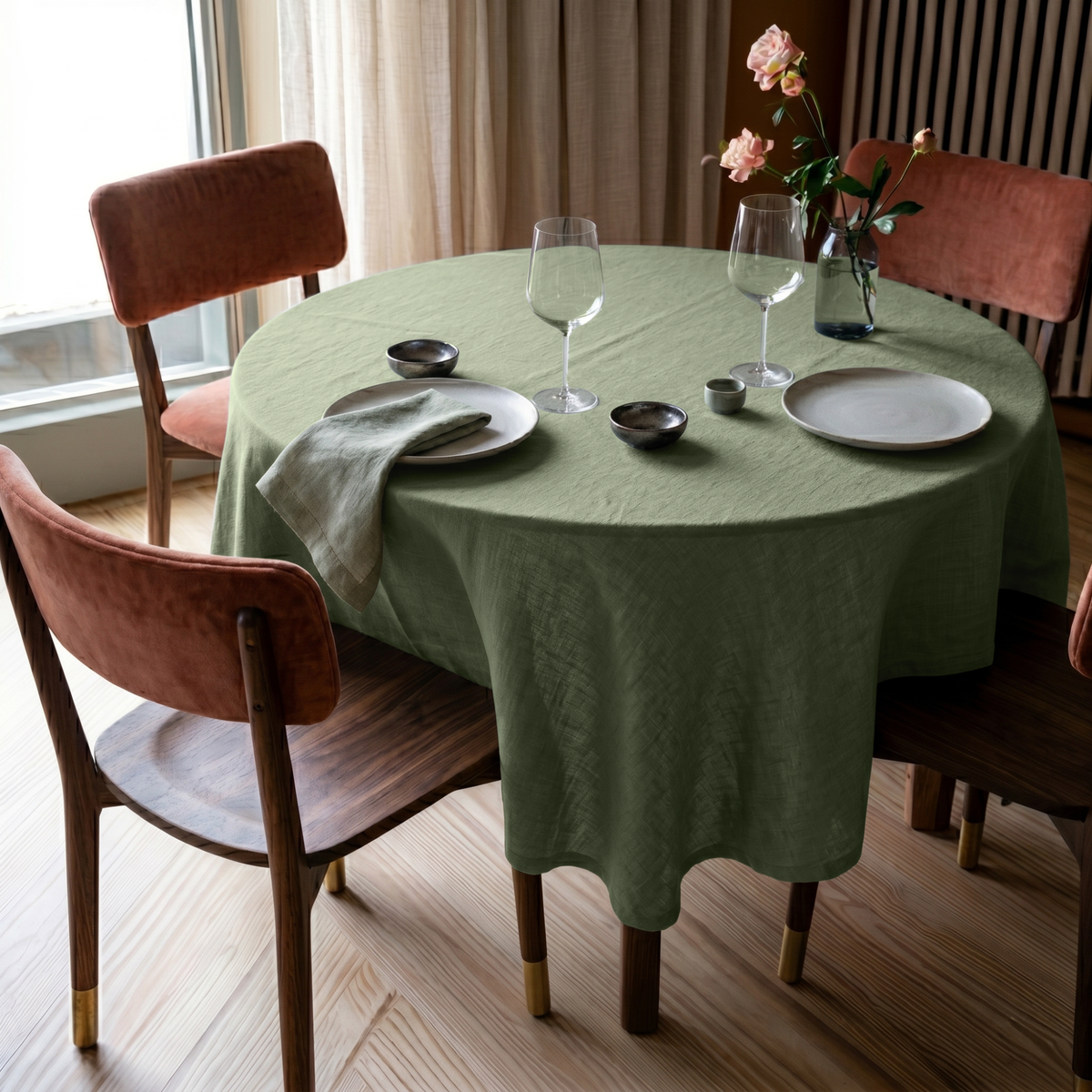 Asparagus Green Linen Round Tablecloth in a Contemporary Dining Room with Walnut and Blush Accents