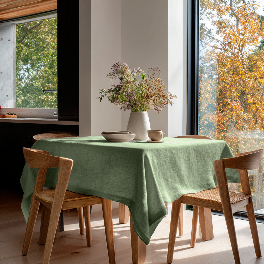 Asparagus Green Square Linen Tablecloth in a Modern Dining Room with Natural Wood Chairs