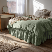 Asparagus Green Linen Bed Skirt with Gathered Ruffles