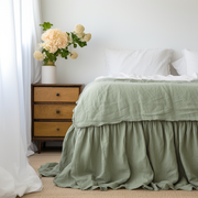 Asparagus Green Linen Bed Skirt with Gathered Ruffles