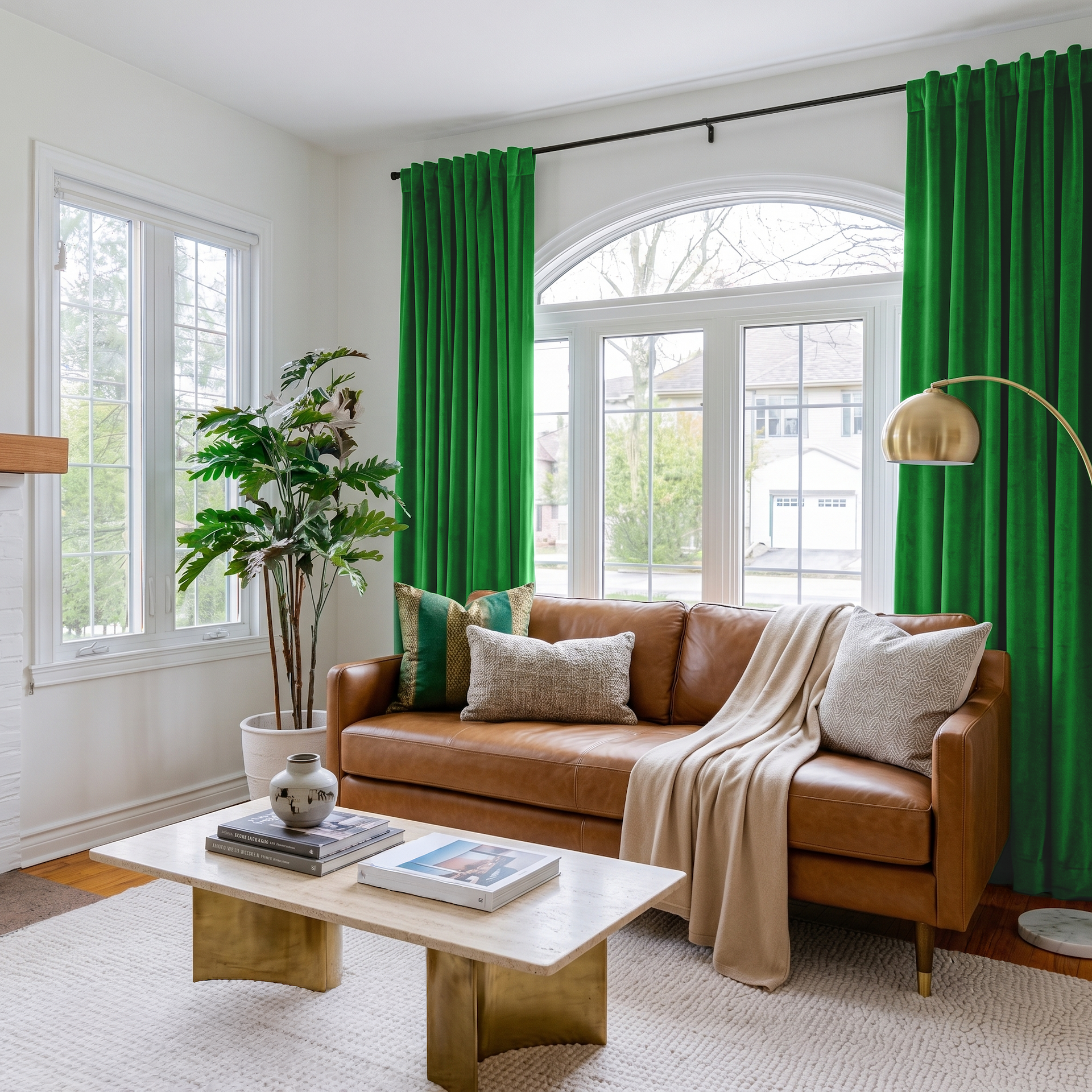 Lime Green Velvet Back Tab Curtains in a Contemporary Living Room with White Walls and a Caramel Leather Sofa