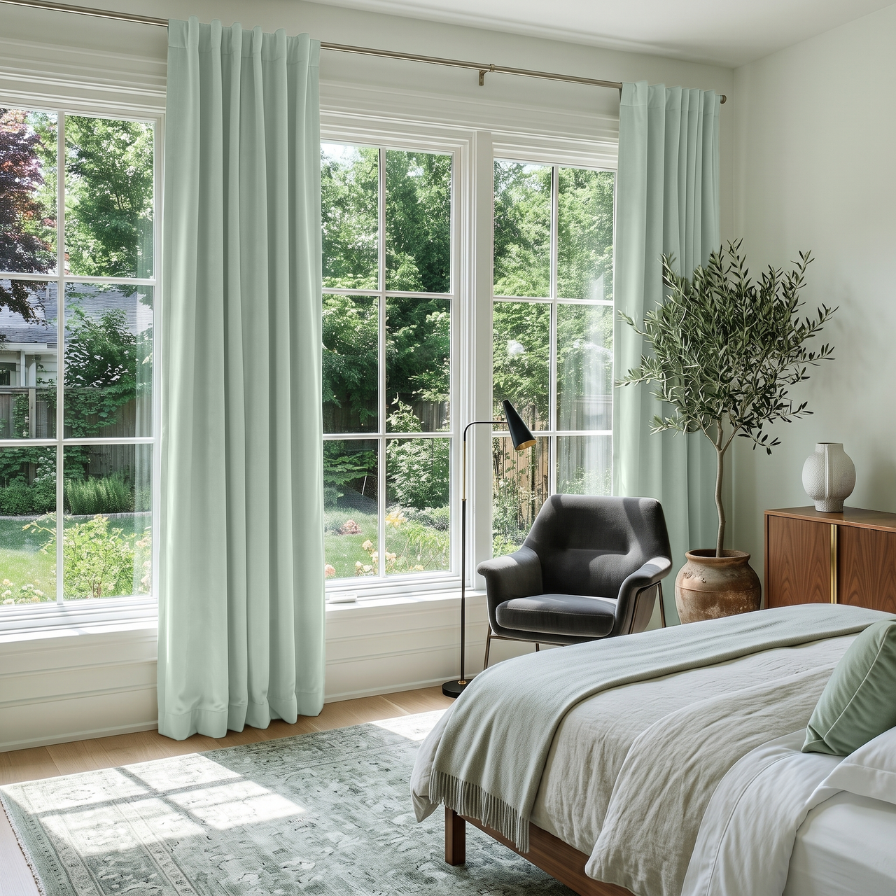 Mint Green Velvet Back Tab Curtains in a Bright Bedroom with White Walls and Gray Bedding