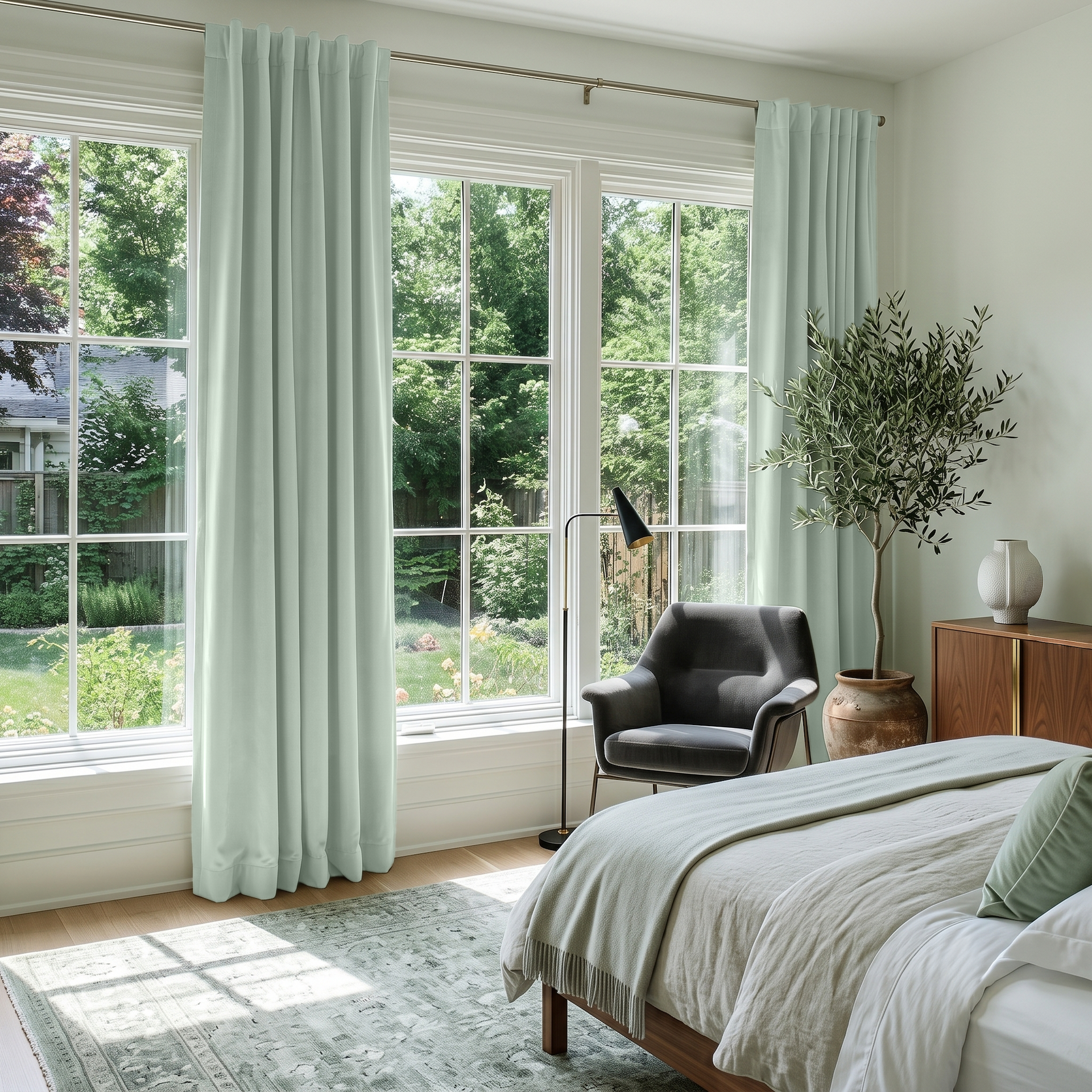 Mint Green Velvet Back Tab Curtains in a Bright Bedroom with White Walls and Gray Bedding