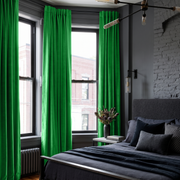 Lime Green Velvet Back Tab Curtains in an Industrial Bedroom with Charcoal Walls and Dark Gray Bedding