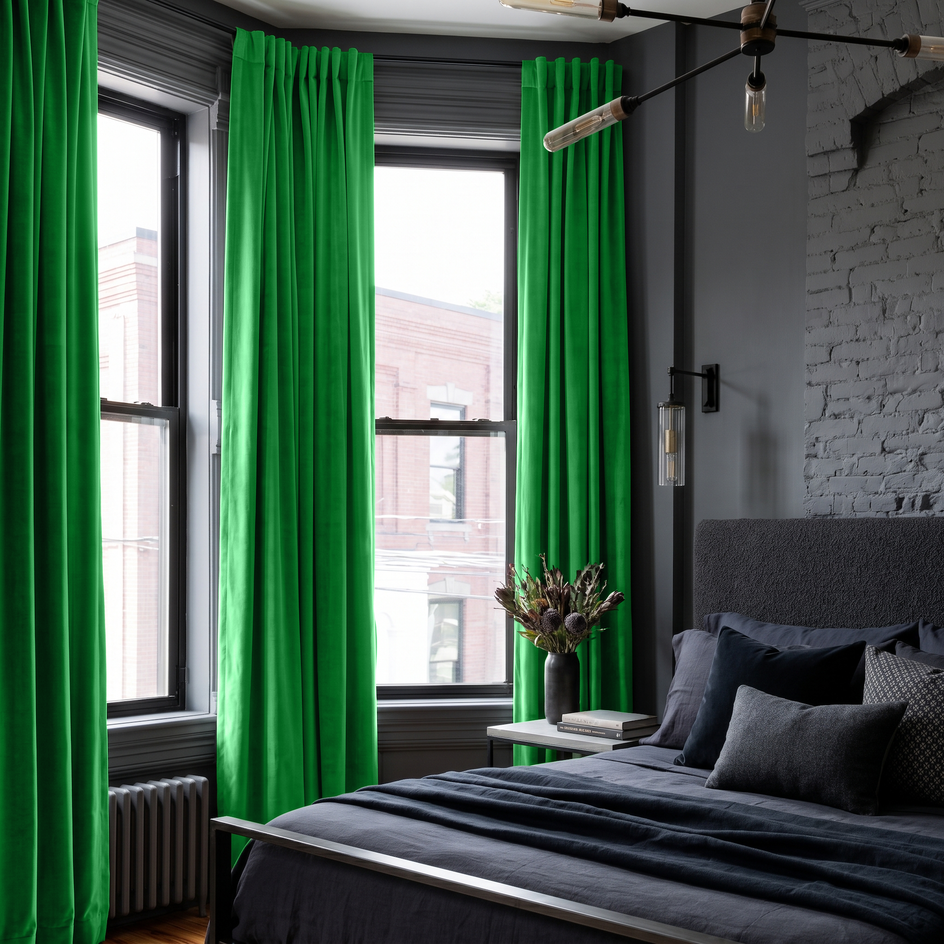 Lime Green Velvet Back Tab Curtains in an Industrial Bedroom with Charcoal Walls and Dark Gray Bedding