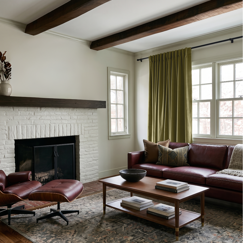 Moss Green Velvet Back Tab Curtains in a Rustic Living Room with a White Brick Fireplace and Burgundy Leather Sofa