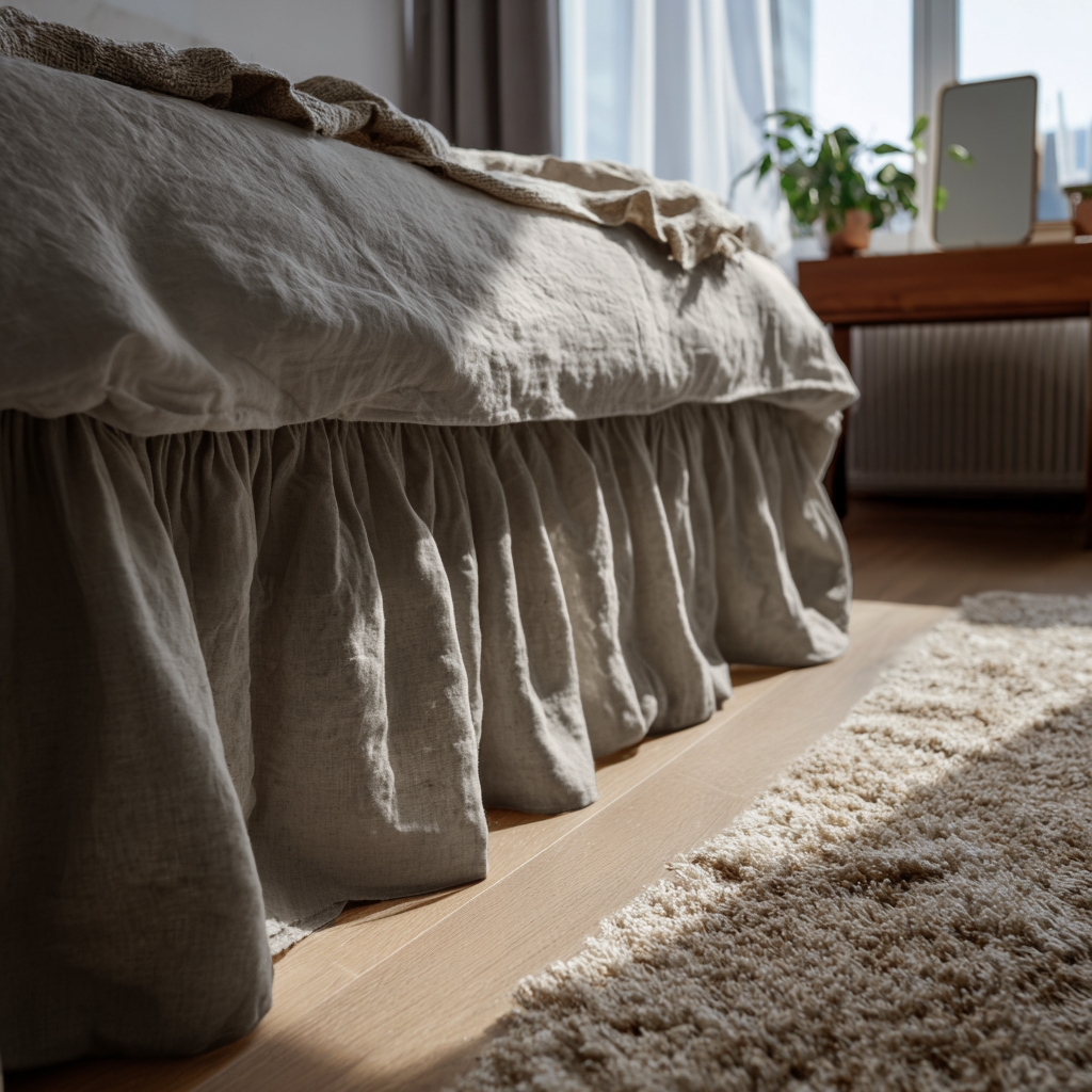 Natural Heavy Weight Linen Bed Skirt with Gathered Ruffles