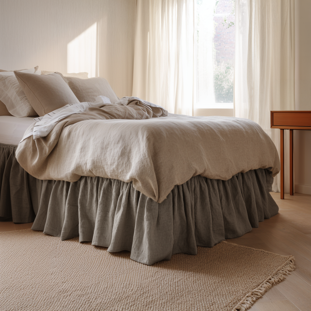 Natural Heavy Weight Linen Bed Skirt with Gathered Ruffles