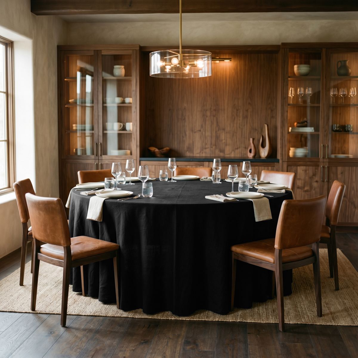 Black Linen 132 Inch Round Tablecloth in a Warm Dining Room with Walnut Cabinetry