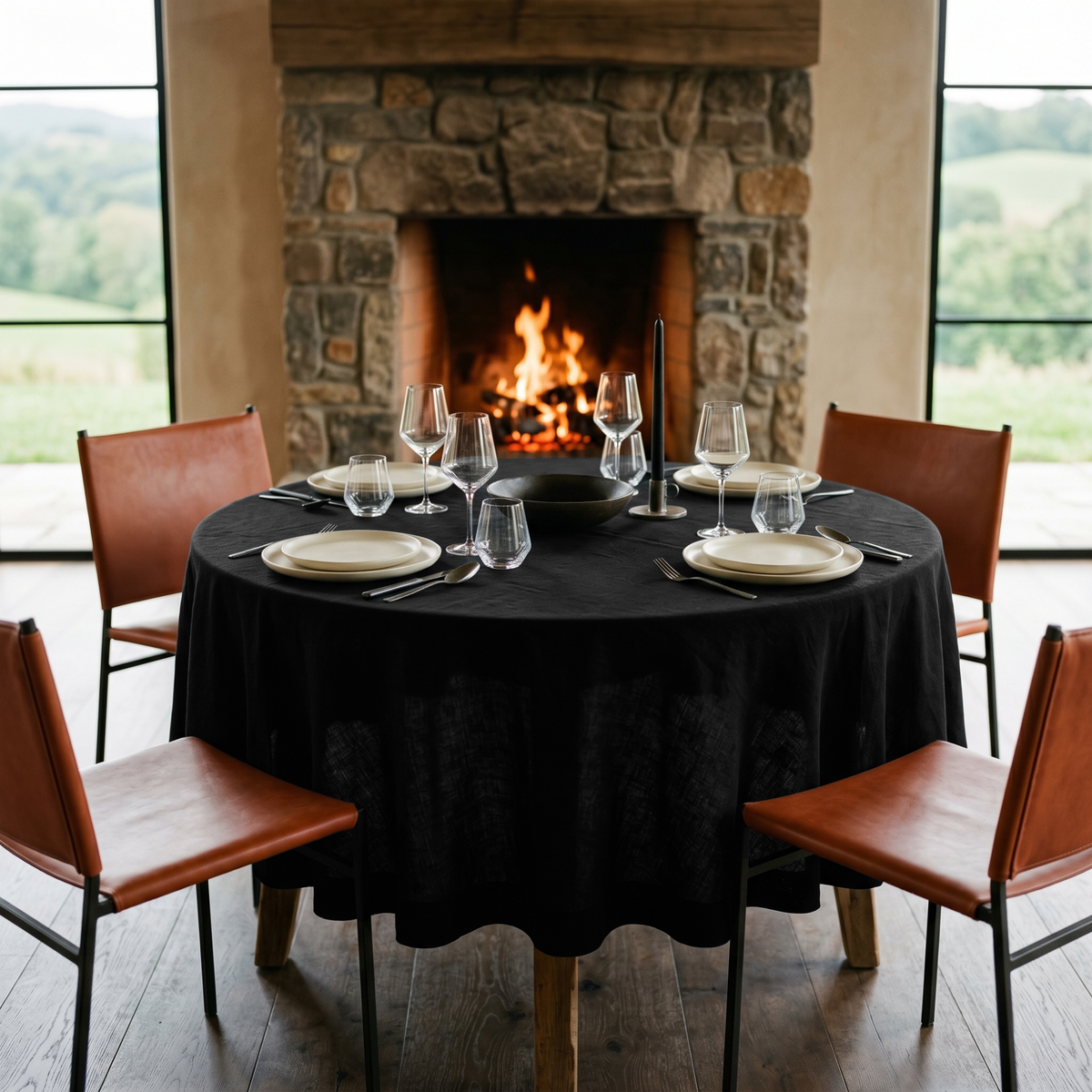 Black Linen 84 Inch Round Tablecloth in a Rustic Dining Room with Stone Fireplace