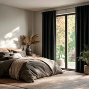 Black Linen Back Tab Curtains for Sliding Doors in a Bedroom with White Walls - Blackout Lining
@Heading: Back Tabs