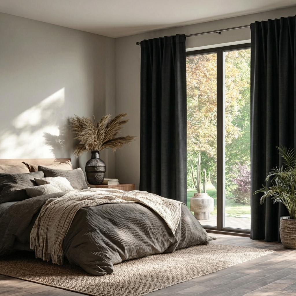 Black Linen Back Tab Curtains for Sliding Doors in a Bedroom with White Walls - Blackout Lining
@Heading: Back Tabs