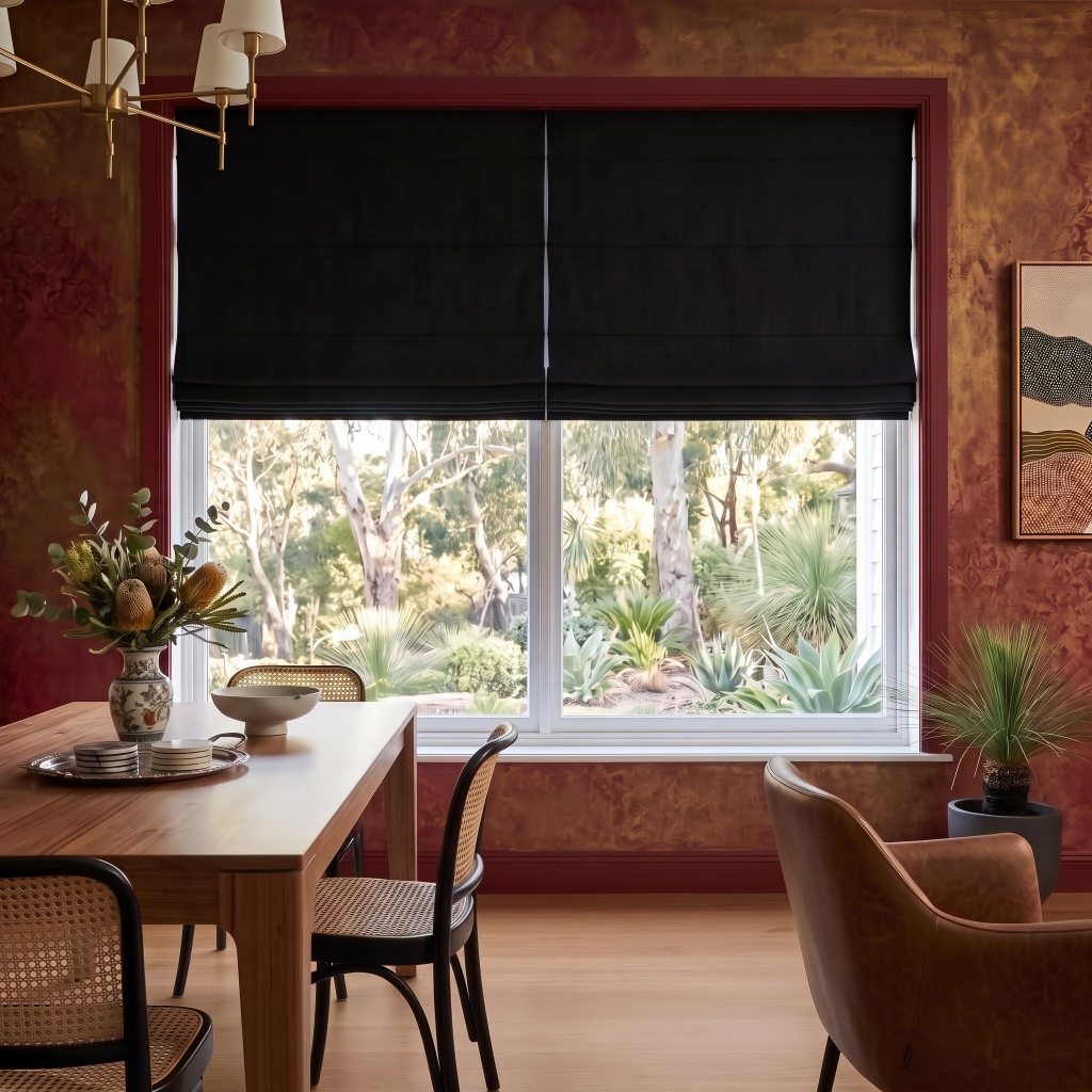 Black Roman Shades in a Dining Room with Textured Red Walls and Wooden Dining Table
