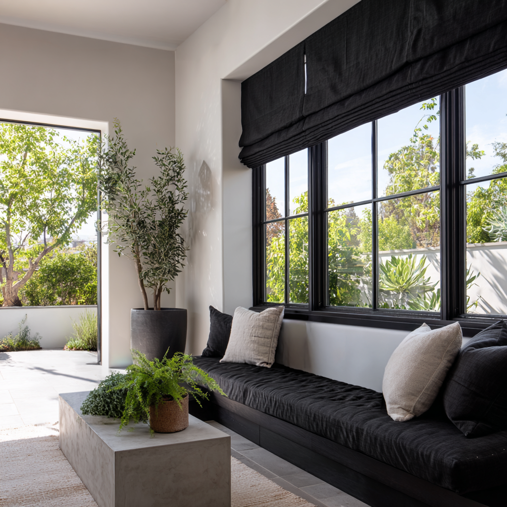 Black Linen Roman Shades - Blackout Lining