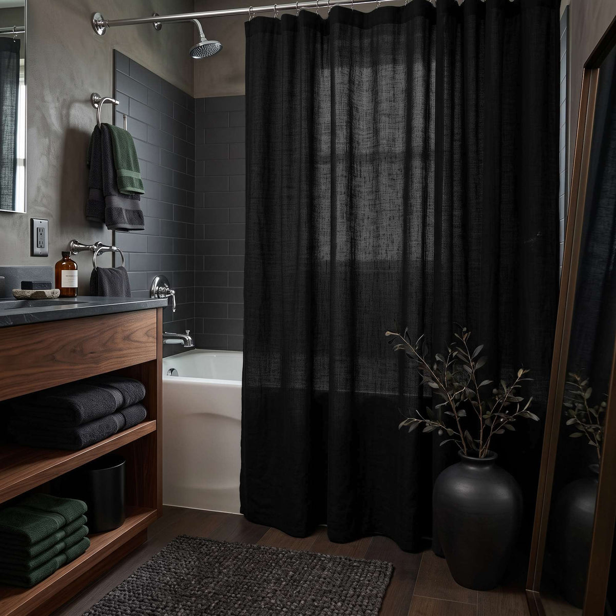 Black Linen Button-Hole Top Shower Curtain in a Modern Bathroom with Gray Plaster Walls and Walnut Vanity