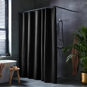 Black Linen Button-Hole Top Shower Curtain in a Bathroom with Dark Gray Tiled Walls
