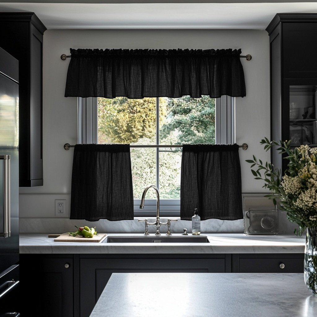 Black Linen Cafe Curtains Valance Set
