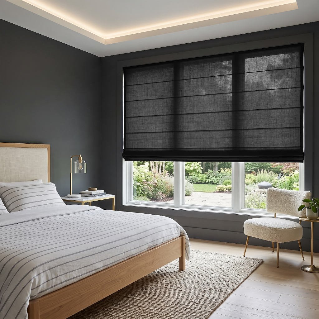 Black Roman Shades in a Modern Bedroom with Dark Gray Walls and Wooden Bed Frame