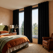 Black Linen Grommet Curtains in a Warm Bedroom with Terracotta Walls - Blackout Lining