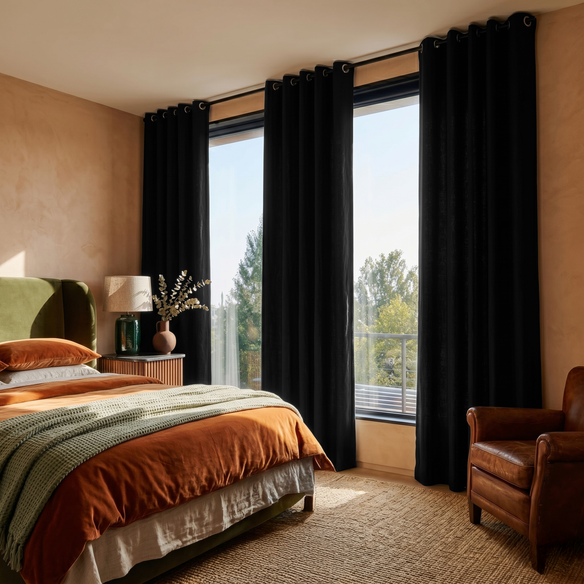 Black Linen Grommet Curtains in a Warm Bedroom with Terracotta Walls - Blackout Lining