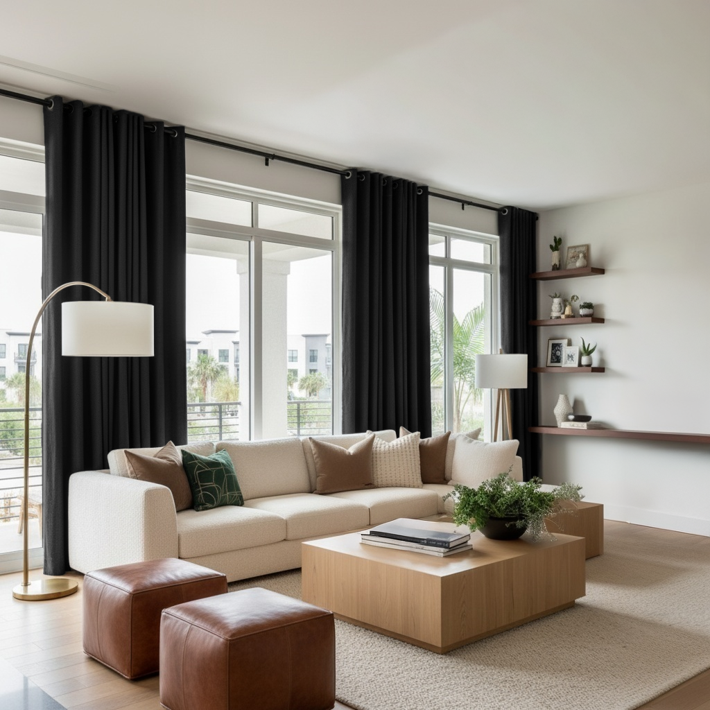 Black Linen Grommet Curtain - Blackout Lining