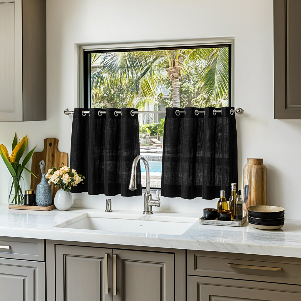 Black Linen Grommet Cafe Curtains