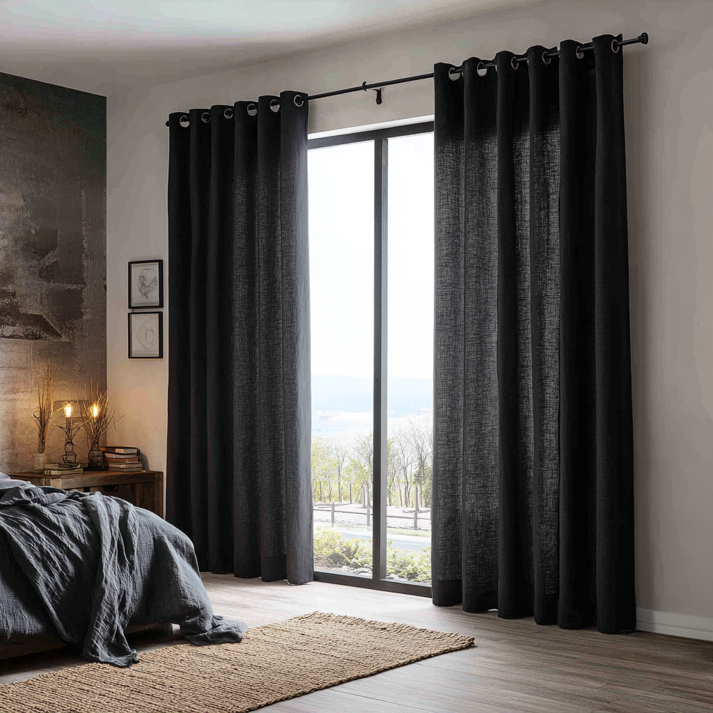Black Linen Grommet Curtains for Sliding Doors in a Bedroom with White Walls - Cotton Lining
@Heading: Grommets