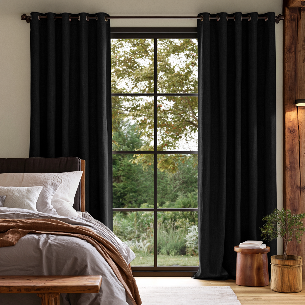 Black Linen Grommet Extra Long Curtains in a Rustic Contemporary Bedroom with Wooden Accents and Garden View