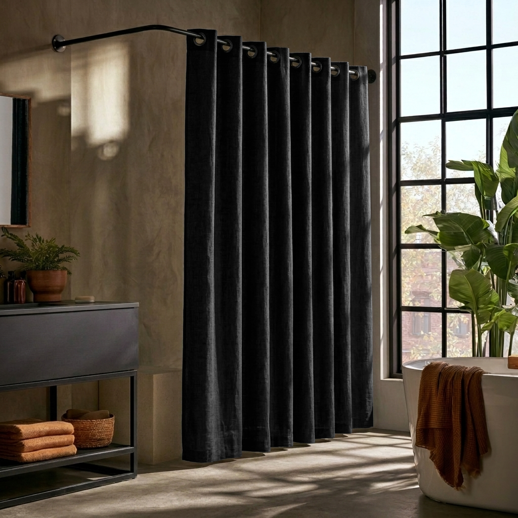 Linen Hookless Shower Curtain Black in a Modern Bathroom