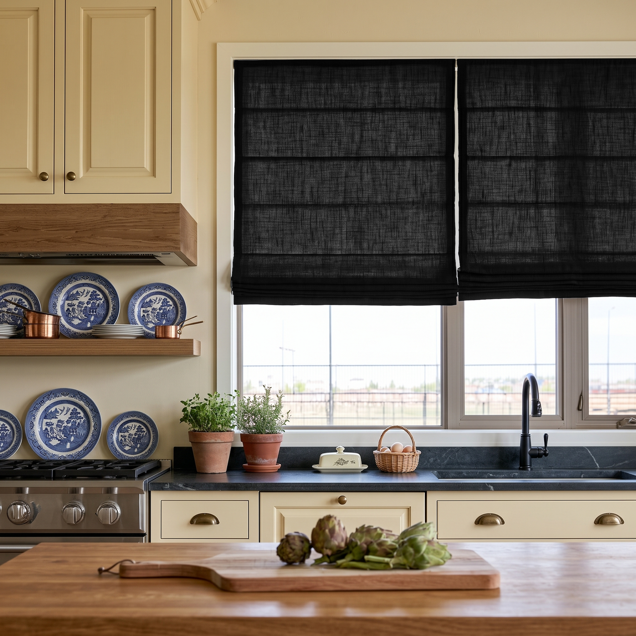 Black Linen Roman Shades in a Classic Kitchen with Cream Cabinetry - Cotton Lining