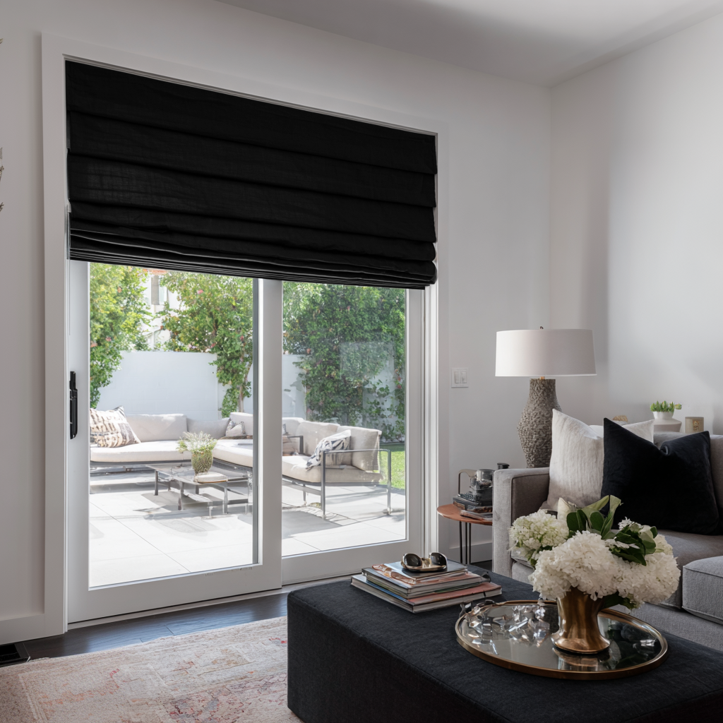 Black Linen Patio Door Blackout Roman Shades