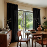 Black Linen Pinch Pleat Curtains for Sliding Doors in a Dining Room with Cream Walls
@Heading: Pinch Pleat