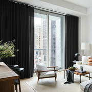 Black Linen S-Fold Curtains for Sliding Doors in a Living Room with Bright White Walls
@Heading: S-Fold