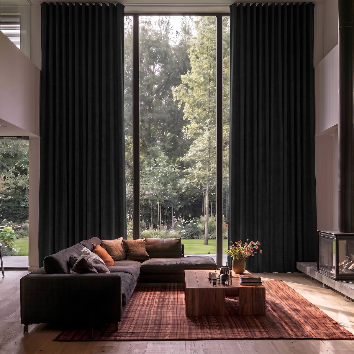 Black Linen S-Fold Extra Long Curtains in a Contemporary Living Room with Floor-to-Ceiling Windows and Garden View