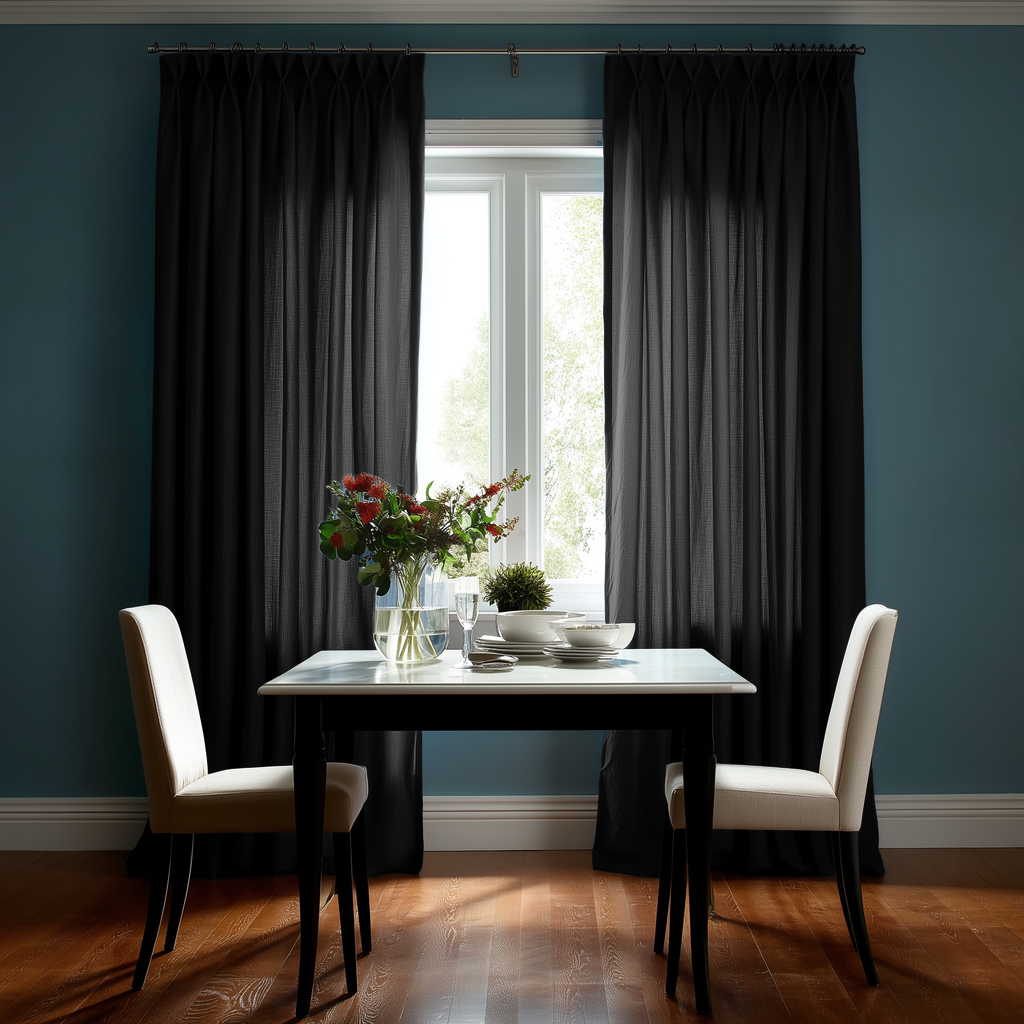 Floor-length black pinch-pleat curtains frame a window against teal walls, behind a small dining table with two cream chairs, white dishes, and a vase of flowers