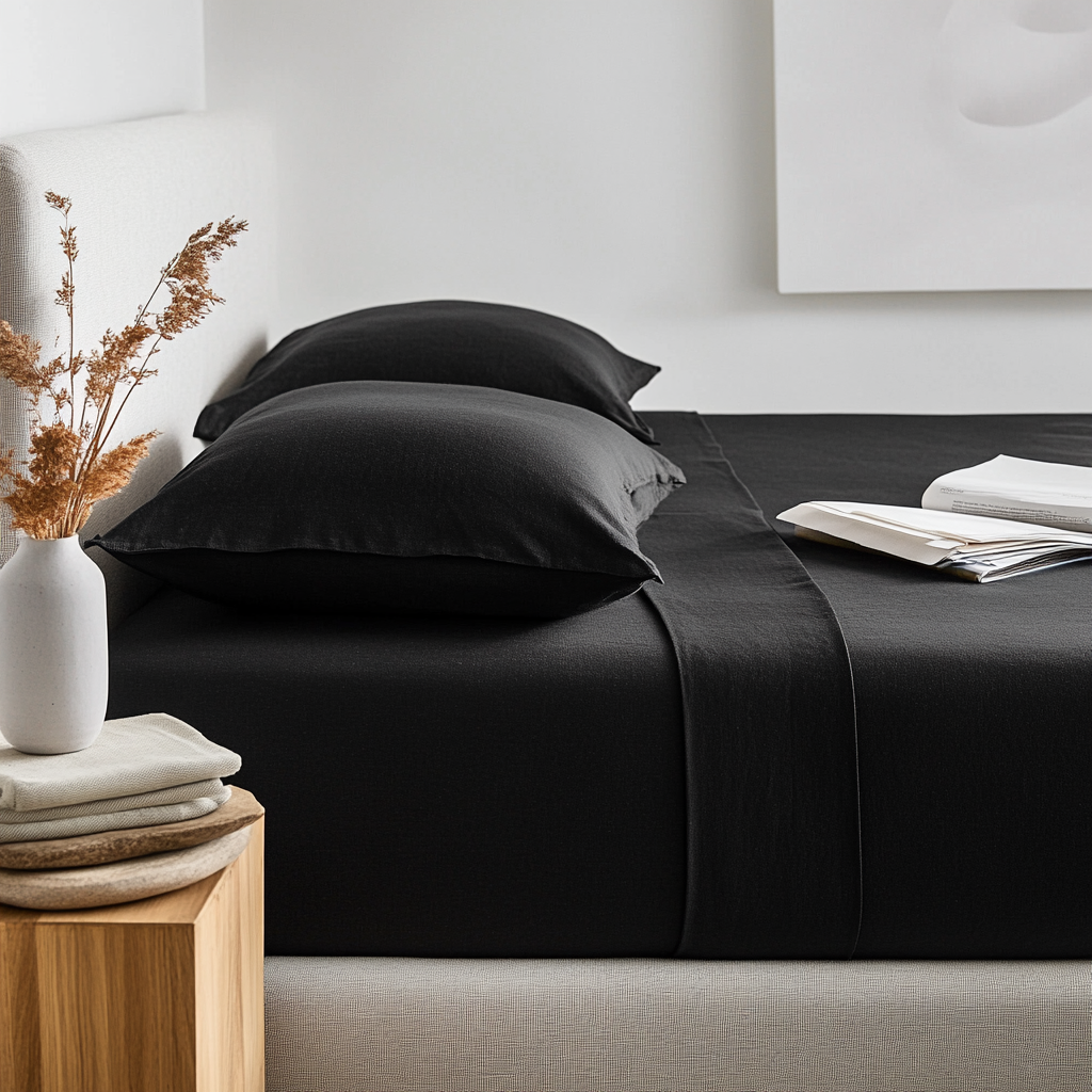 Black Washed Linen Deep Pocket Fitted Sheet 