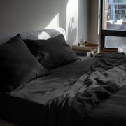 Black Washed Linen Deep Pocket Fitted Sheet Set 