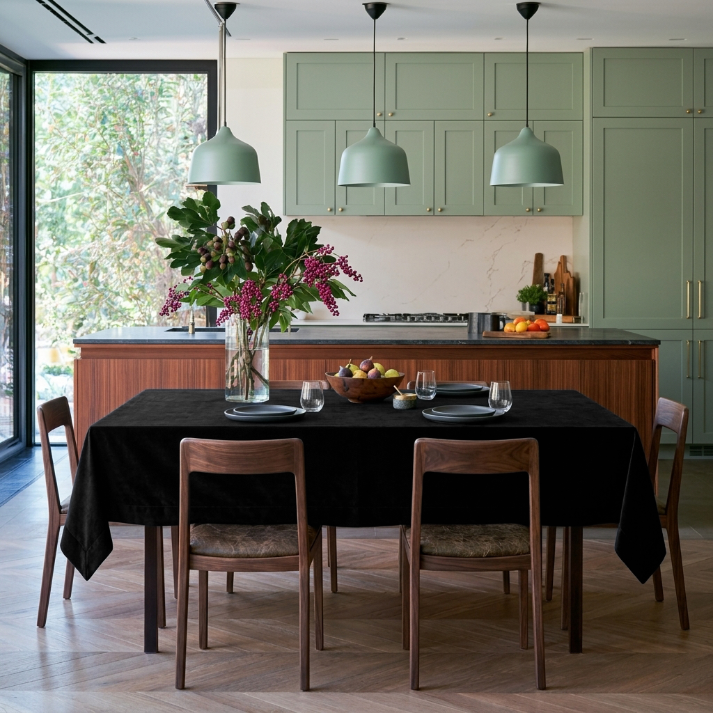 Black Rectangular Velvet Tablecloth in a Contemporary Kitchen with Sage Green Cabinetry and Walnut Chairs