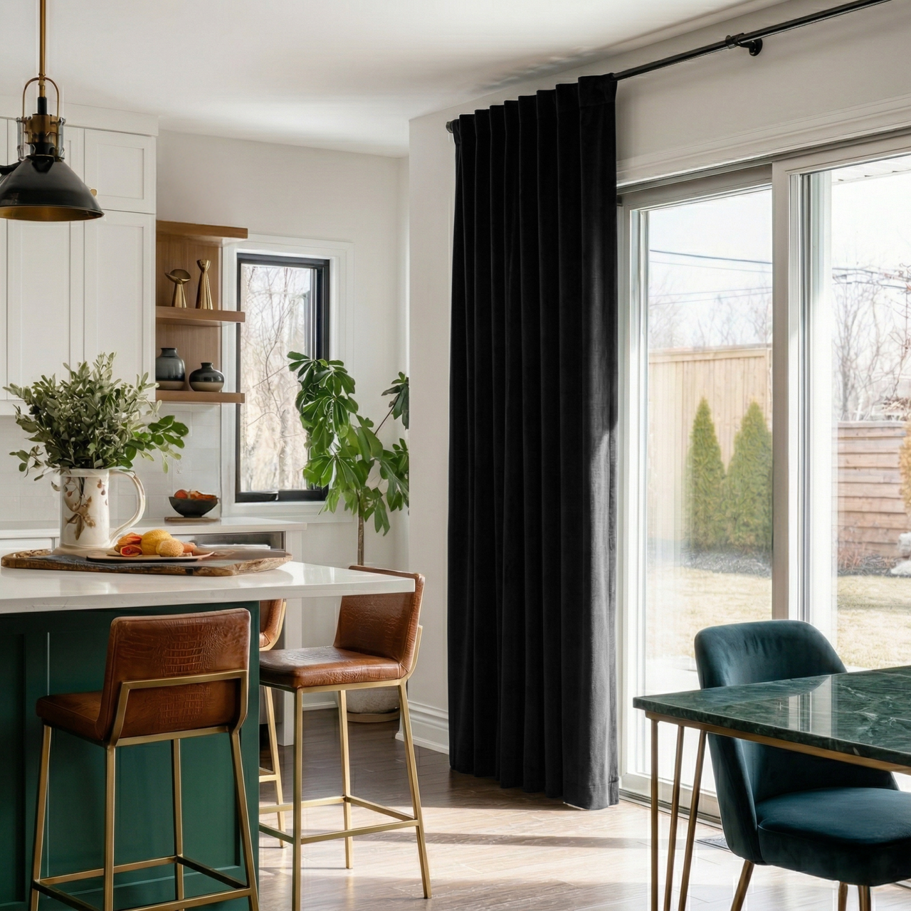 Black Velvet Back Tab Blackout Curtains for Sliding Doors in a Kitchen with Warm White Walls
