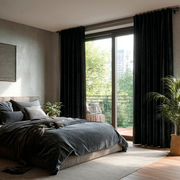 Black Velvet Back Tab Blackout Curtains for Sliding Doors in a Bedroom with Grey Walls
@Heading: Back Tabs