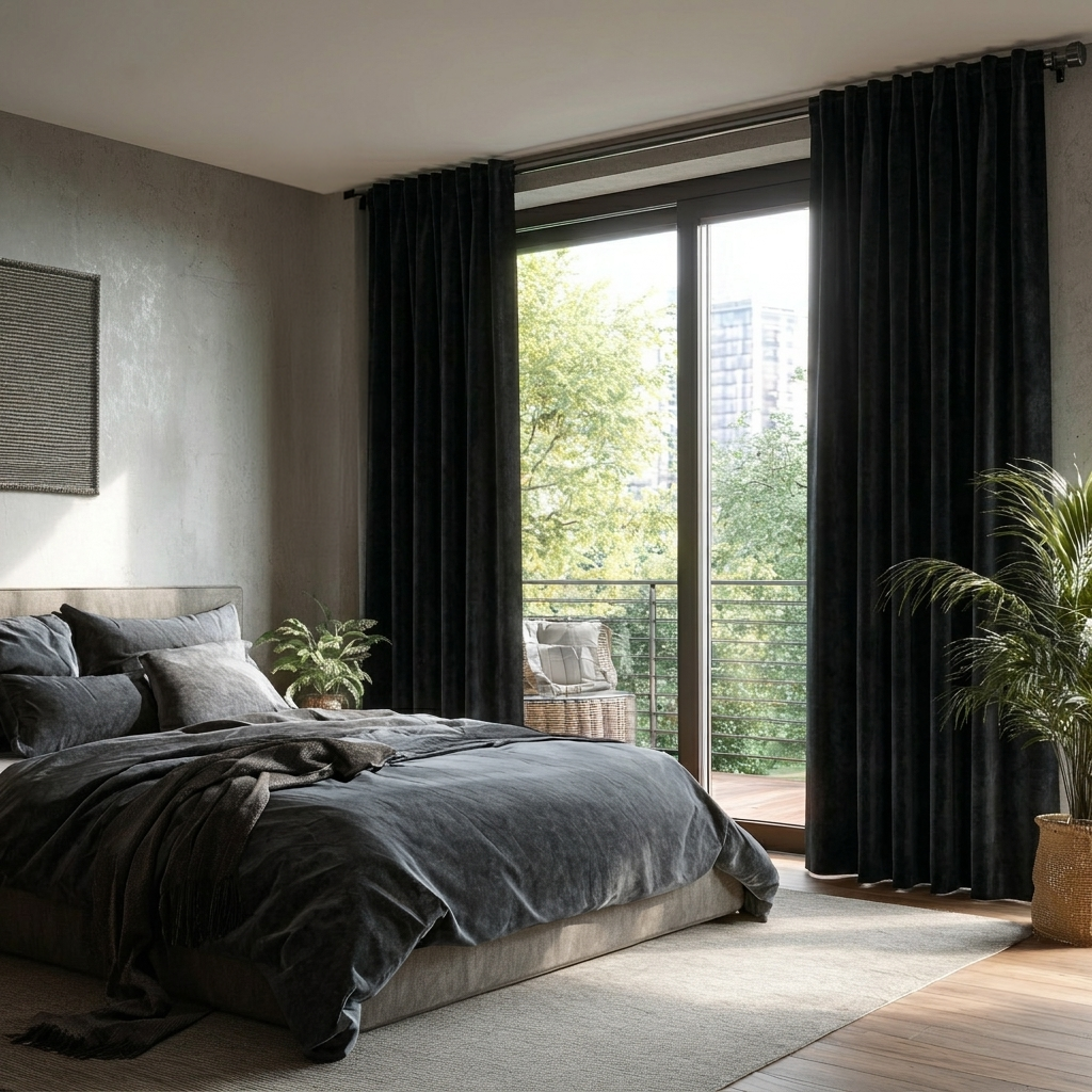 Black Velvet Back Tab Blackout Curtains for Sliding Doors in a Bedroom with Grey Walls
@Heading: Back Tabs