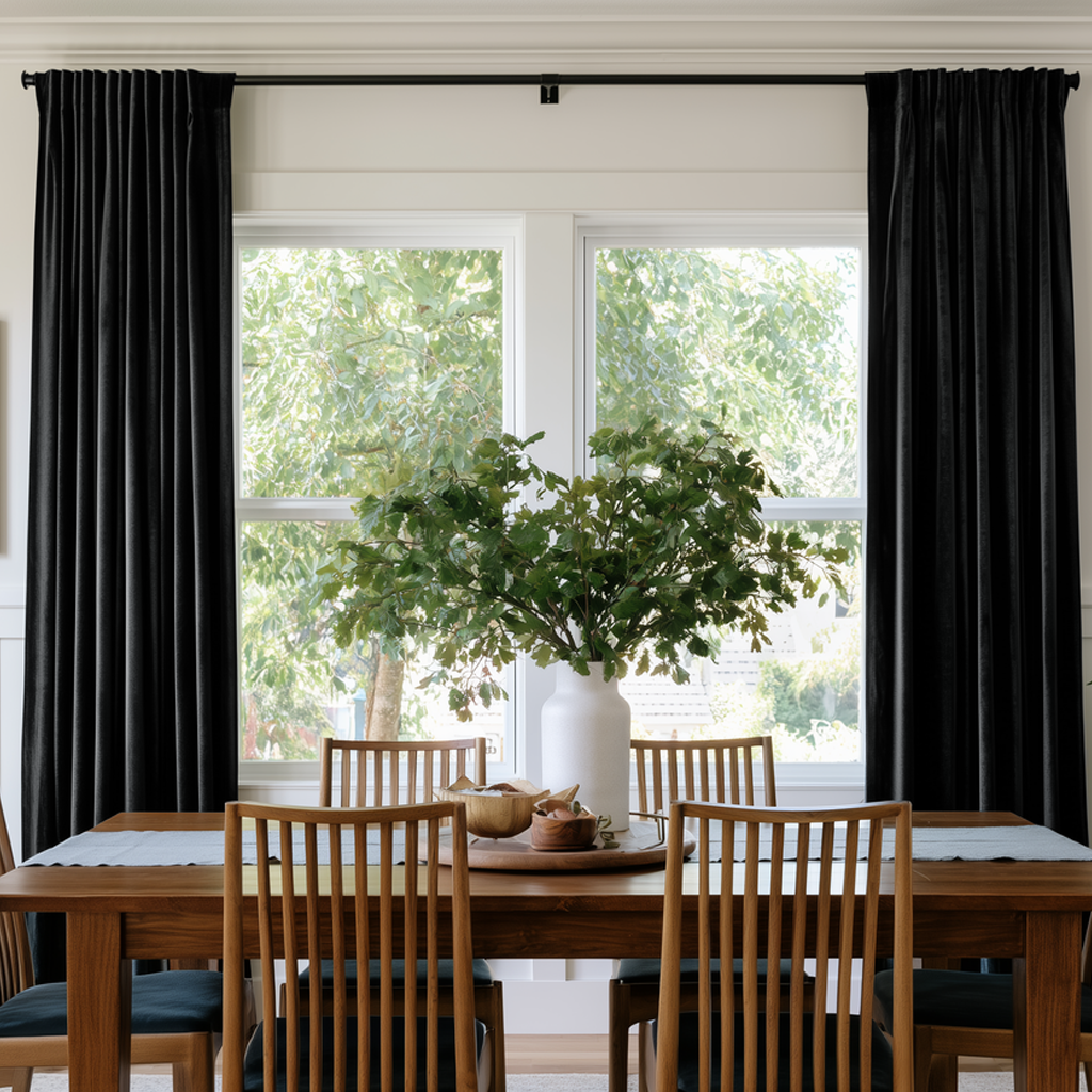 Black Velvet Curtains in a Spacious Dining Room with White Walls and a Large Brown Table, Wooden Chairs